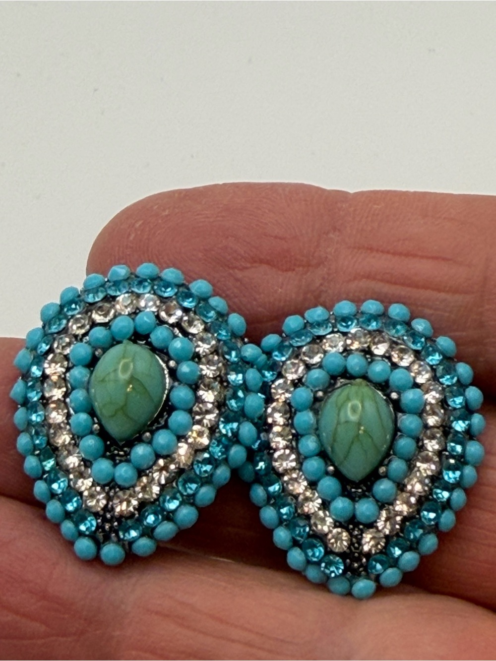 Vintage turquoise, matrix cabochon rhinestone beaded clip on statement earrings